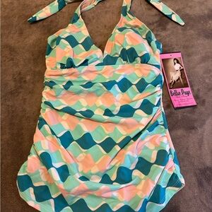 Bettie Page Retro Wave One Piece - Teal and Peach